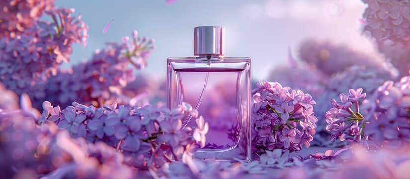 Lilac Perfume Bottle Surrounded by Purple Flowers