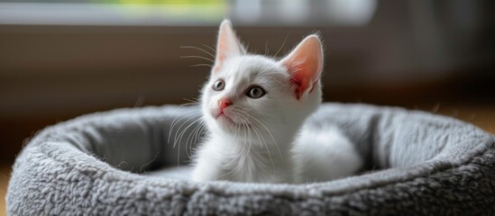 Small White Kitten Sitting in Gray Cat Bed