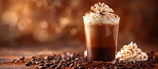 Rich Coffee With Whipped Cream and Coffee Beans - obrazy, fototapety, plakaty
