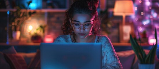 A woman wearing glasses sits in front of a laptop computer in a dark room, focusing on her screen while working or studying.