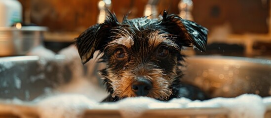 Wet Dog Sitting in Kitchen Sink
