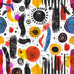 Naklejka premium A dynamic abstract pattern featuring bold brushstrokes, circles, and various shapes in vibrant colors like red, yellow, blue, and black