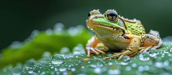 A green frog is perched on top of a fresh green leaf in its natural habitat.