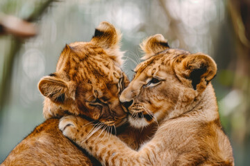 Two lion cubs playfully wrestle with each other under the watchful gaze of their mother.