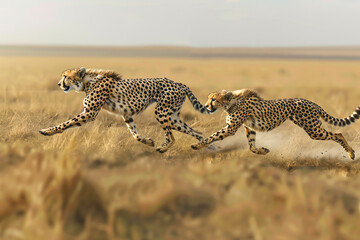 Two cheetahs sprint across the open plains.