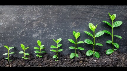 Several plants growing in a row from smallest to largest