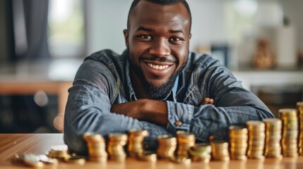 Smiling man leaning on a stacks of gold coins.