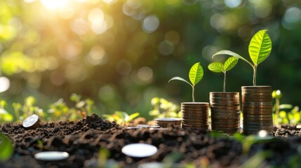Stacks of coins with growing plants on top of them, representing the growth of money and the concept of saving and investing.