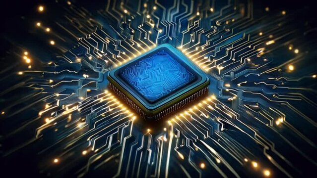 Microchip featuring radiant circuitry on dark backdrop symbolizing technology and data transfer. Network, artificial intelligence, information processing
