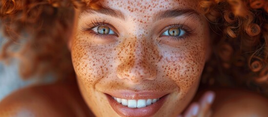 Close up of a womans face showing prominent freckles, adding uniqueness to her features. - obrazy, fototapety, plakaty