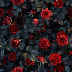 Seamless pattern of red roses on a bush, dim light, photorealistic