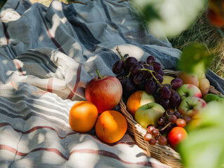 Variety of fruit on a picnic blanket, summer, spring, fall aesthetic, outdoor lifestyle with grapes, apples
