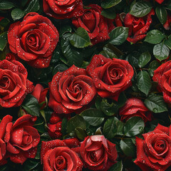 Seamless pattern of photo realistic bright red roses covered with dew drops