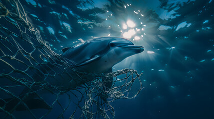 Fototapeta premium A dolphin entangled in a fishing net underwater. sea background with moonlight filtering through the water surface.