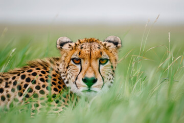 Obraz premium A sleek cheetah crouches low in the grass.