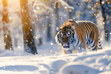 Obraz premium A Siberian tiger emerges from a snow-covered forest.