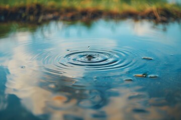 Water droplet in puddle creating ripples symbolizes individual actions for change. Concept Individual Actions, Symbolism, Change, Ripples, Water Droplet