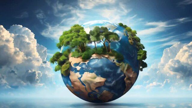 Blue planet with lush forests and rugged mountains moves between clouds in clear blue sky. Concept Earth Day