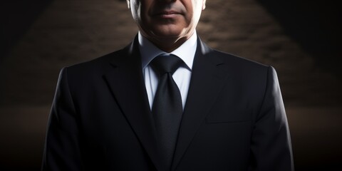 Confident businessman in a dark suit standing in dramatic lighting