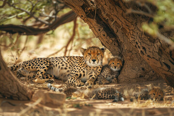 A mother cheetah rests in the shade of an acacia tree.