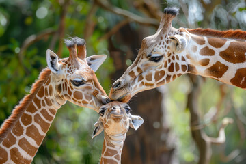 A mother giraffe nuzzles her calf affectionately.