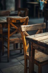 Empty wooden chairs and tables in a cozy cafe setting