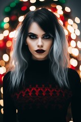 Naklejka premium Stylish Woman with Festive Makeup in Front of Christmas Lights