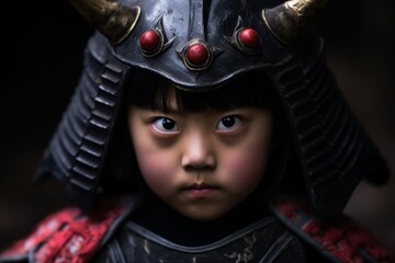 Young child in traditional samurai armor looking intently