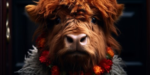 Highland Cow with Floral Garland Looking at Camera
