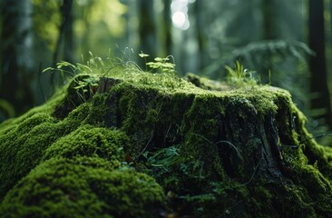 Moss-covered tree stump in a lush green forest