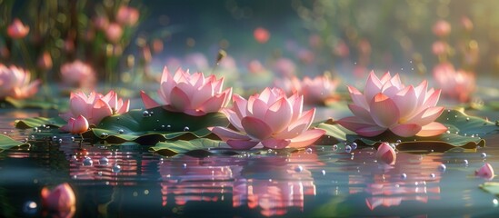 Cluster of Pink Water Lilies Floating on Lake - obrazy, fototapety, plakaty