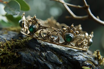 Elegant golden crown adorned with emeralds resting on a mossy rock