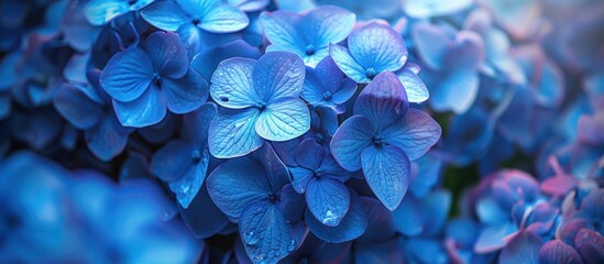 Cluster of Blue Hydrangea Flowers With Green Leaves - obrazy, fototapety, plakaty