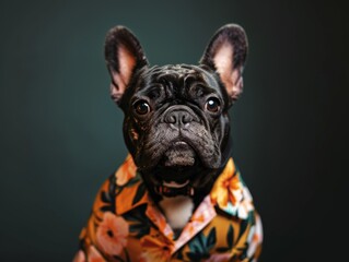French Bulldog in a colorful shirt posing against a dark background