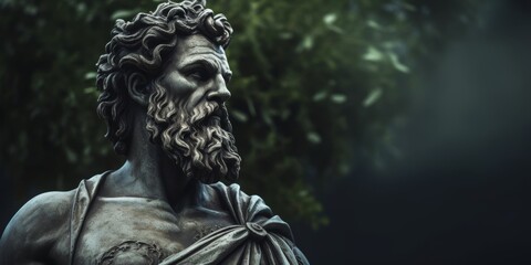 Majestic statue of a bearded classical figure in dramatic lighting