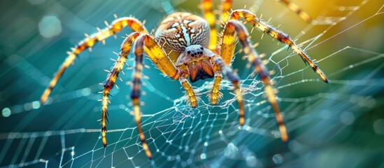 Close up of a spider weaving its web, showcasing intricate patterns and delicate strands. - obrazy, fototapety, plakaty