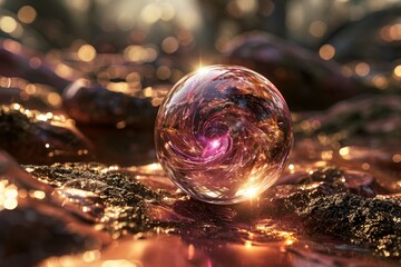 Mystical glowing orb on a sparkling terrain