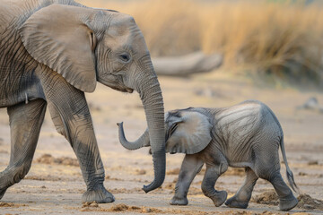 A baby elephant takes its first wobbly steps beside its mother.