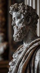 Naklejka premium Ancient Roman marble statue of a bearded man in detailed sculpture