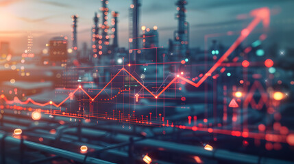 Fototapeta premium A flowchart of industrial production with an arrow pointing upwards. signifying the nations industrial growth. The backdrop is softened to highlight the industrial datas accuracy. 