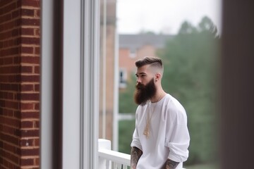 A man with a beard and a necklace is standing on a balcony