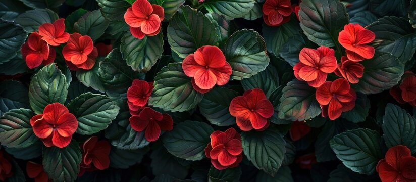 Group of Red Flowers With Green Leaves