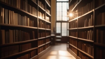 The rays of the sun filter through a window, casting a golden glow over the library shelves