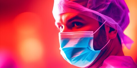 Healthcare professional in vibrant protective gear against a colorful background