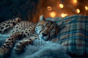 Peaceful Cheetah Sleeping Comfortably Indoors with Warm Ambient Lighting