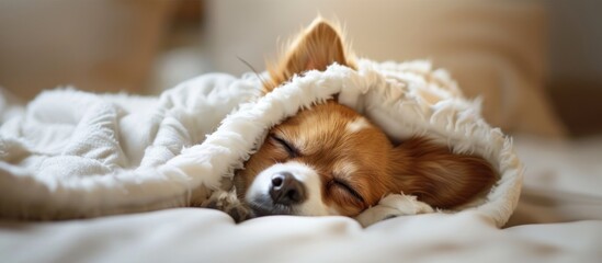 Brown and White Dog Resting on Bed Under Blanket