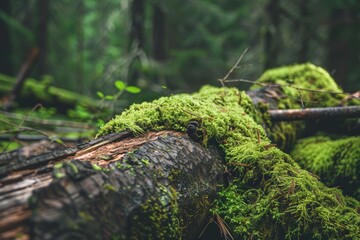 Lush green moss growing on fallen tree trunks in a dense forest