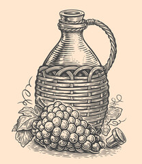Obraz premium Wine jar with grape branch. Hand drawn sketch vector illustration in vintage engraving style