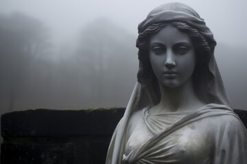 Mysterious statue in foggy ambiance