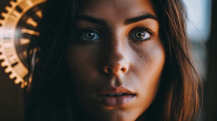 Intense gaze of a young woman with a blurred background
